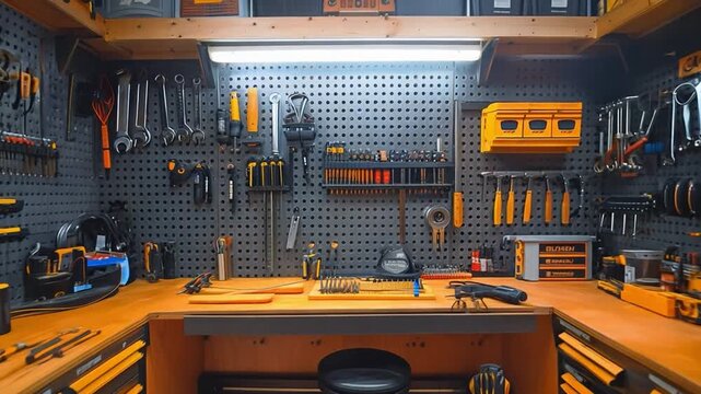 A clean, well-lit modern tool room with well-arranged tools on pegboards effective work area. 

