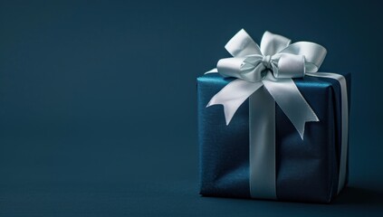 Obraz premium Blue Gift Box with White Ribbon on a Blue Background