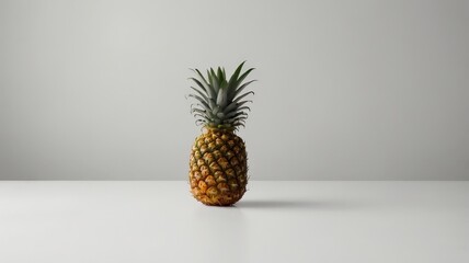 A single ripe pineapple on a wooden table with a fresh, tropical look