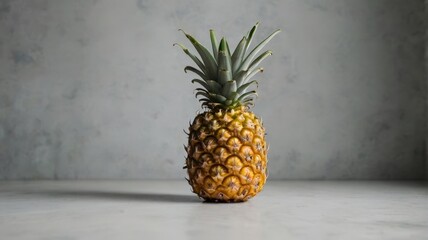 A single ripe pineapple on a wooden table with a fresh, tropical look