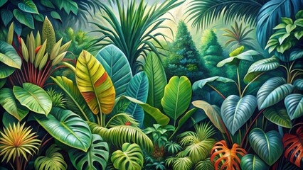 Fototapeta premium Lush Tropical Rainforest A Vibrant Oil Painting Featuring Green, Yellow, and Red Foliage - Jungle, Tropical Plants, Botanical Art, Oil Painting, Nature