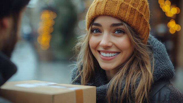 Smiling Customer Receives Package from Delivery Person