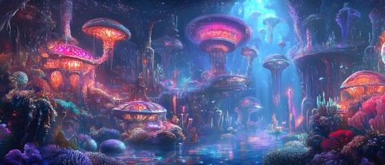 Obraz premium Whimsical underwater seapunk realm featuring coral inspired architecture and a vibrant display of iridescent marine wildlife in a fantastical highly saturated digital painting