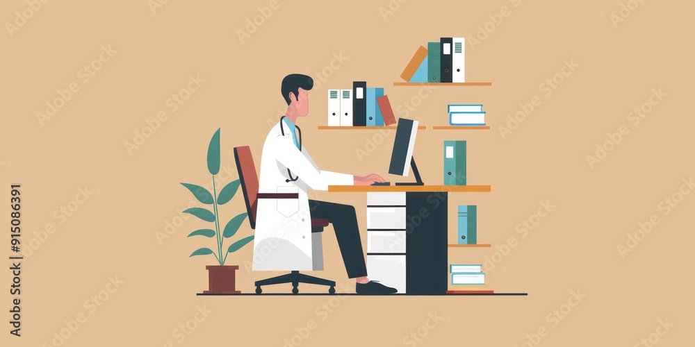 Poster A man in a white lab coat is sitting at a desk with a computer