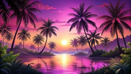 Palm Tree Silhouettes Against a Vibrant Pink Sunset - Digital Painting, Tropical Landscape, Sunset, Palm Trees, Ocean, Island, Nature