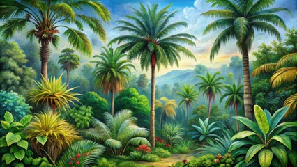 Palm Paradise A Lush Tropical Landscape in Oil Painting - tropical, palm trees, lush, green, nature, landscape, painting