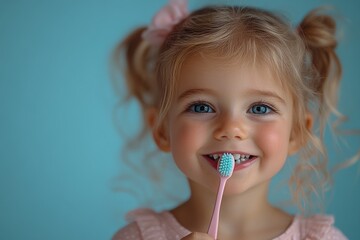 Child Holding Toothbrush on Light Blue Background