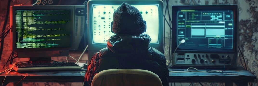 Anonymous Hacker Next to Vintage Computer