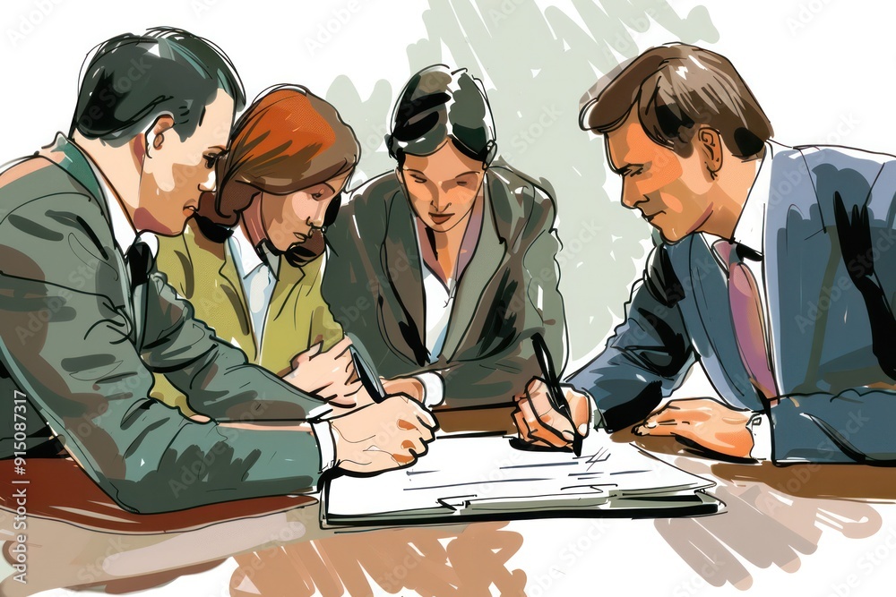 Poster a group of people are signing a document