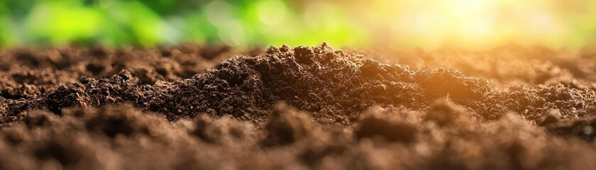 Close-up of rich, dark soil with blurred green background and sunlight.