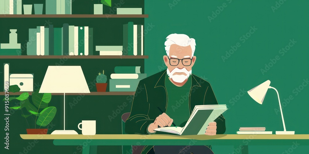 Poster a man is sitting at a desk with a book in front of him
