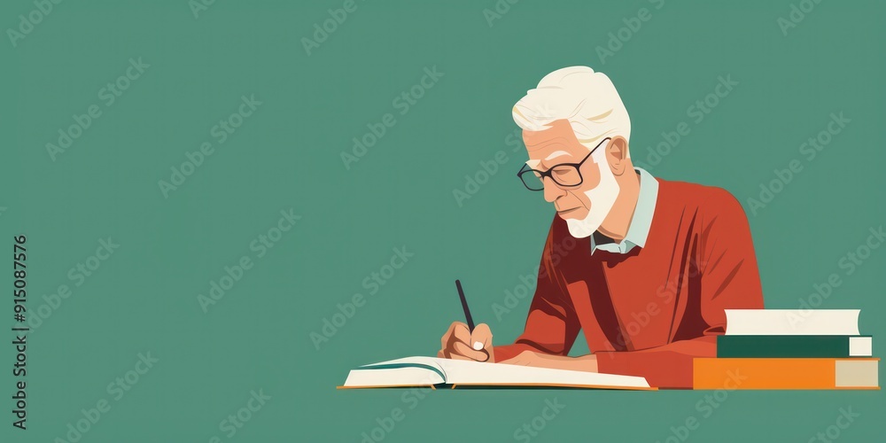 Poster a man is writing in a book with a green background