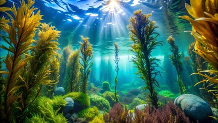 Sunlight Illuminates Seaweed Forest Underwater Perspective, Composition of Vibrant Greens and Golds, Sunbeams Cutting Through the Water, Kelp, Algae, Ocean, Underwater Life