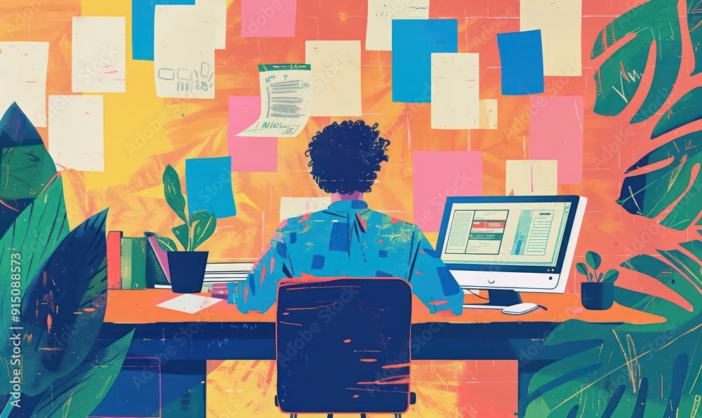 Poster a man is sitting at a desk with a computer and a potted plant