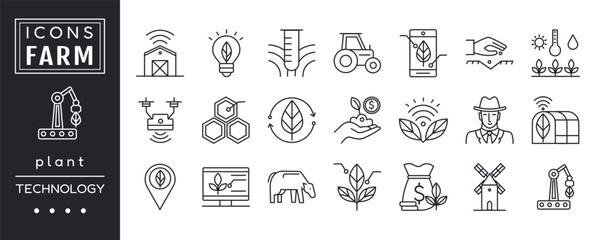 Agriculture icon. Digital farm data. Plant growing. Green technology. Field harvest. Food product. Irrigation robot. Smart control sensor. Crop plantation map. Farming science. Vector tidy symbols set