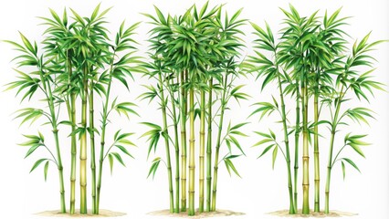 Watercolor Illustration of Three Bamboo Plants, Green Foliage and Yellow-Green Stems on a White Background, Nature, Tropical, Asia