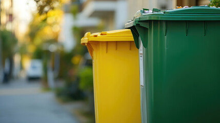 Yellow and Green House Trash Bins Close-Up with Soft Focus Background