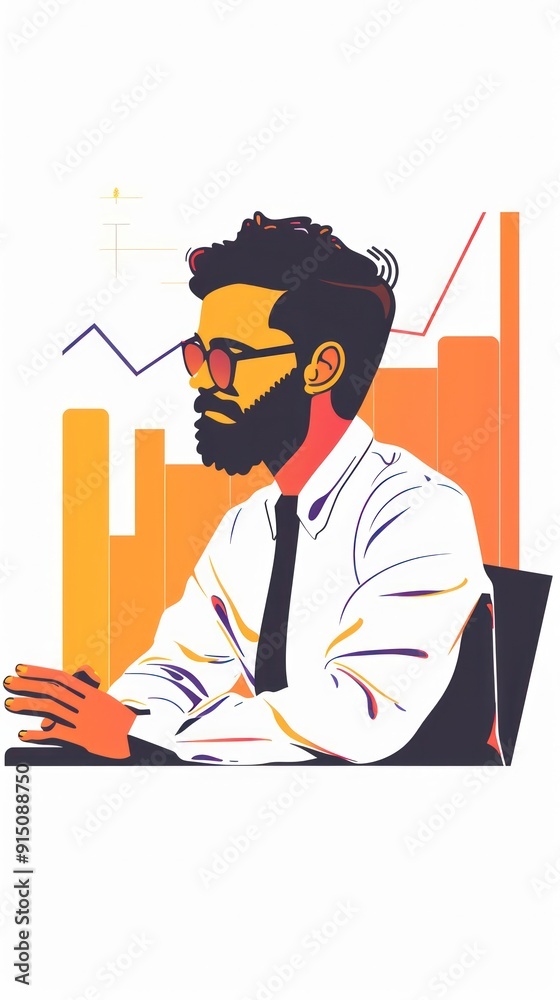 Poster a man with a beard and glasses is sitting at a desk with a tie on