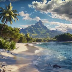 A landscape on a tropical island with clear water. A bungalow on the shore of a beautiful island.