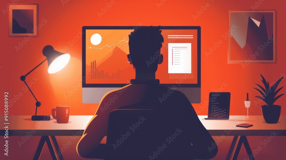 Poster A man is sitting at a desk with a computer monitor in front of him