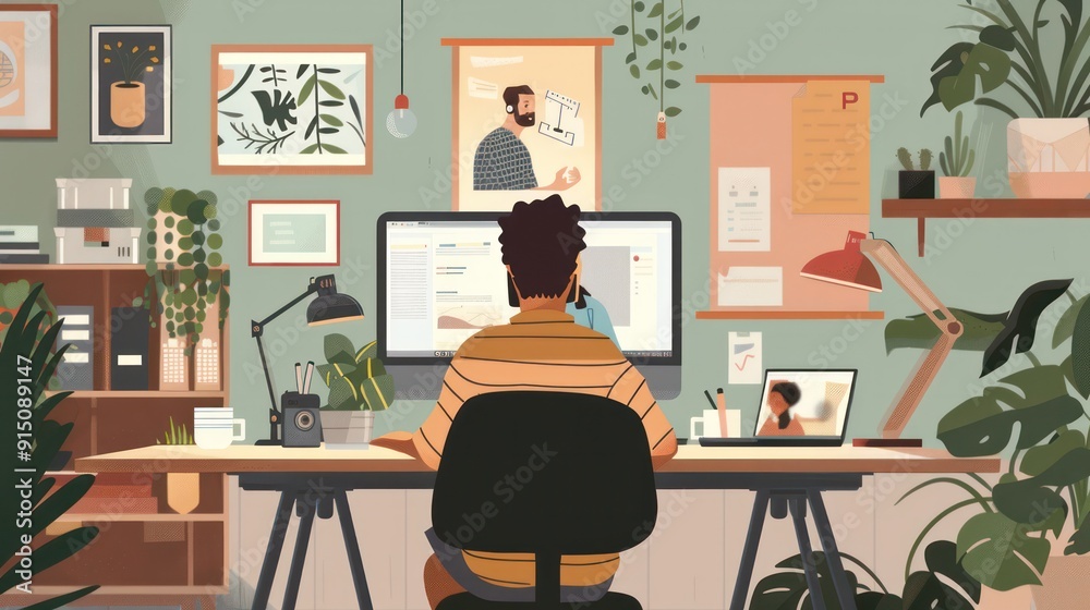 Aufkleber a man is sitting at a desk with a computer monitor and a laptop