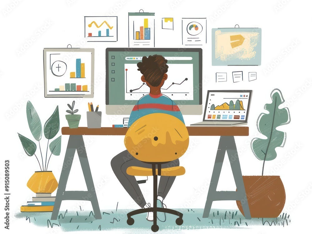 Poster A man is sitting at a desk with a computer monitor and two laptops