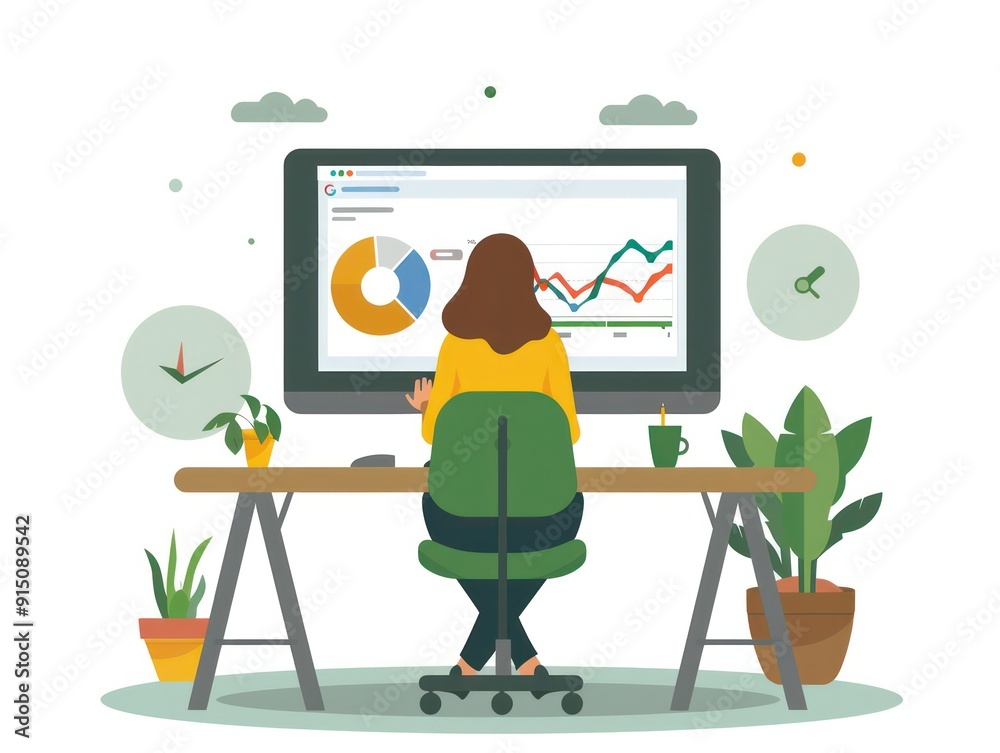 Poster a woman is sitting at a desk with a computer monitor in front of her