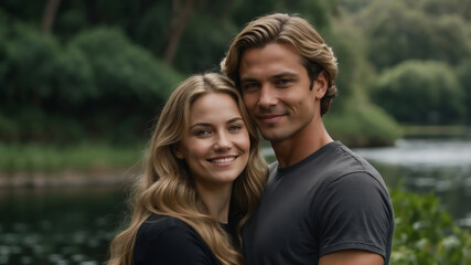 Fototapeta premium Smiling Couple Embracing Outdoors by a Tranquil River in a Lush Green Natural Setting for a Peaceful and Loving Moment