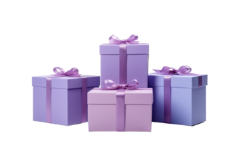 Beautifully Wrapped Gift Boxes in Soft Purple Tones Ready for a Celebratory Occasion on Transparent PNG Background.