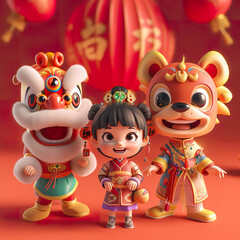 Three Cartoon Characters Celebrating Chinese New Year.