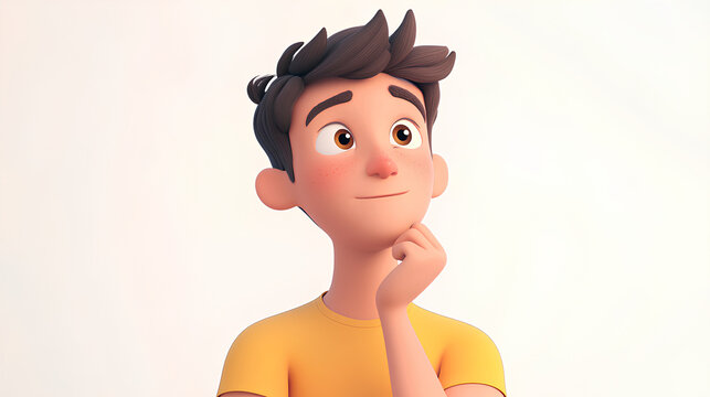 Thinking questioning dreaming planning cartoon character young adult man teen person portrait in 3d style design on white background. Human people feelings expression concept 