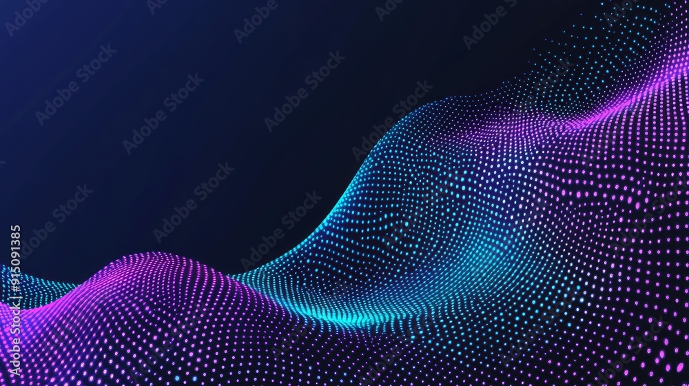 Poster musical wave with lines and dots interweaving on an abstract background. 3d rendering.
