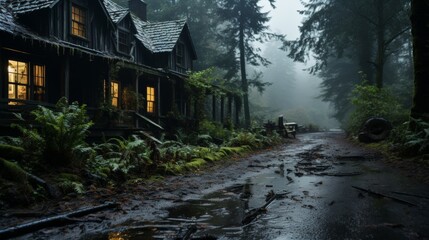 Obraz premium Mystical Forest Cabins at Twilight.