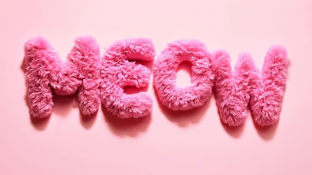 Fluffy pink meow text on soft pastel background.