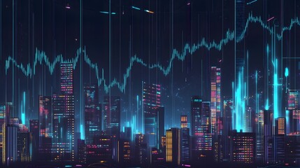 Urban Skyline with Floating Financial Charts and Graphs, Representing Stock Market or Business World, Dark Blue Night-Time Trading Background