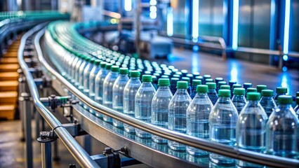 Bottled Water Conveyor Belt Rows of Plastic Bottles Moving Through a Modern Factory, Manufacturing, Food Industry, Production Line, Beverage Industry, Water, Bottling Plant
