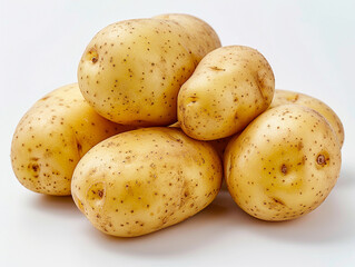 Freshly harvested potatoes piled together on a white surface