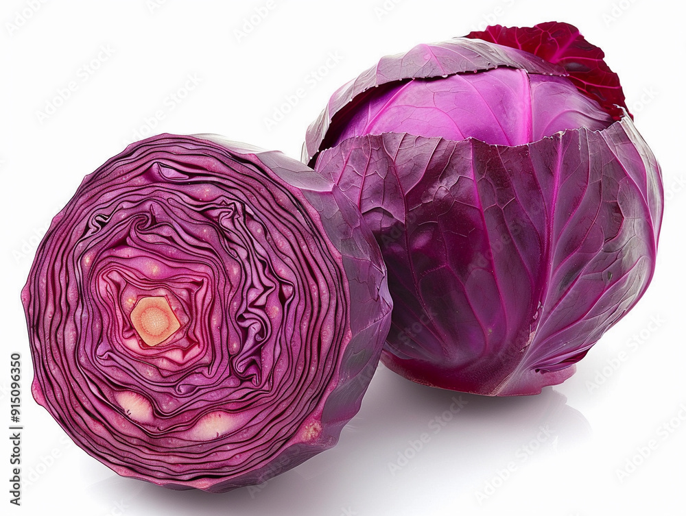 Wall mural purple cabbage cut in half with whole cabbage on a white background