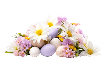 Vibrant Spring Display of Colorful Eggs Nestled Among Beautiful Fresh Flowers on Transparent PNG Background.