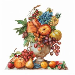 Watercolor painting of a Renaissance still life with fruit and flowers, on isolated white background