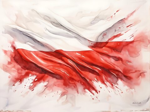 Watercolor Painting of a Waving Polish Flag