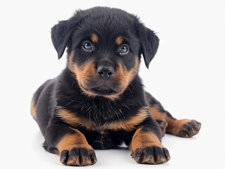 Obraz premium Rottweiler puppy resting on a white background, showcasing playful demeanor and soft fur