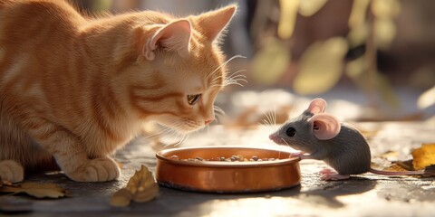 Fototapeta premium Curious and Heartwarming Scene of an Orange Cat and a Grey Mouse Sharing a Feeding Bowl, Displaying an Unbelievable Peaceful Coexistence
