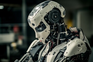 Fototapeta premium Close up of a Humanoid Robot with Black Helmet and Red Glowing Eyes Emphasizing the Advanced Engineering and High Tech Design of Modern Robotics.