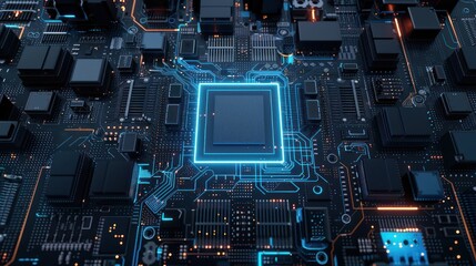 Fototapeta premium Glowing Blue Circuit Board with a Chip