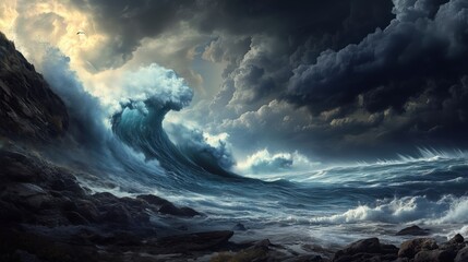 A Gigantic Wave Crashing Against Rocky Shores Under Dark Storm Clouds