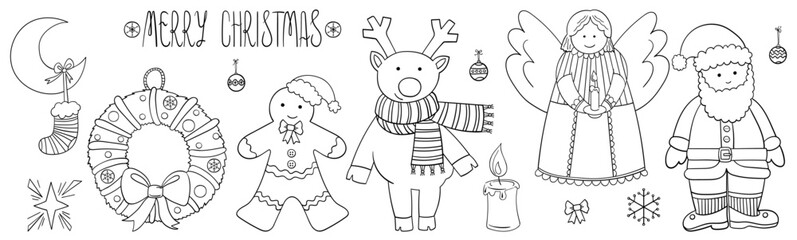 Christmas characters set. Hand drawn cute doodle icons of Santa, deer, Angel, gingerbread. Elements for coloring books, stamps, invitations, etc. Vector illustration.