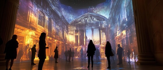 Frame a historical monument with digital projections of past events and augmented reality enhancements, creating a mesmerizing fusion of old and new