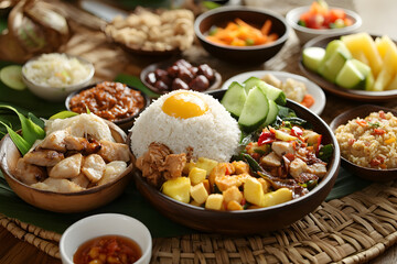Fototapeta premium Traditional Indonesian breakfast of nasi uduk, nasi goreng, soto ayam, and tropical fruits on a bamboo mat, highlighted by warm morning light.