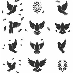 Fototapeta premium Peace dove graffiti, pigeons, twigs ink illustration. Flying birds silhouettes monochrome flat icons